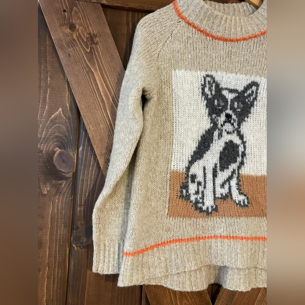 Aerie Oversized French Bulldog Boston Terrier Knit Sweater in Beige Oatmeal - Picture 5 of 8